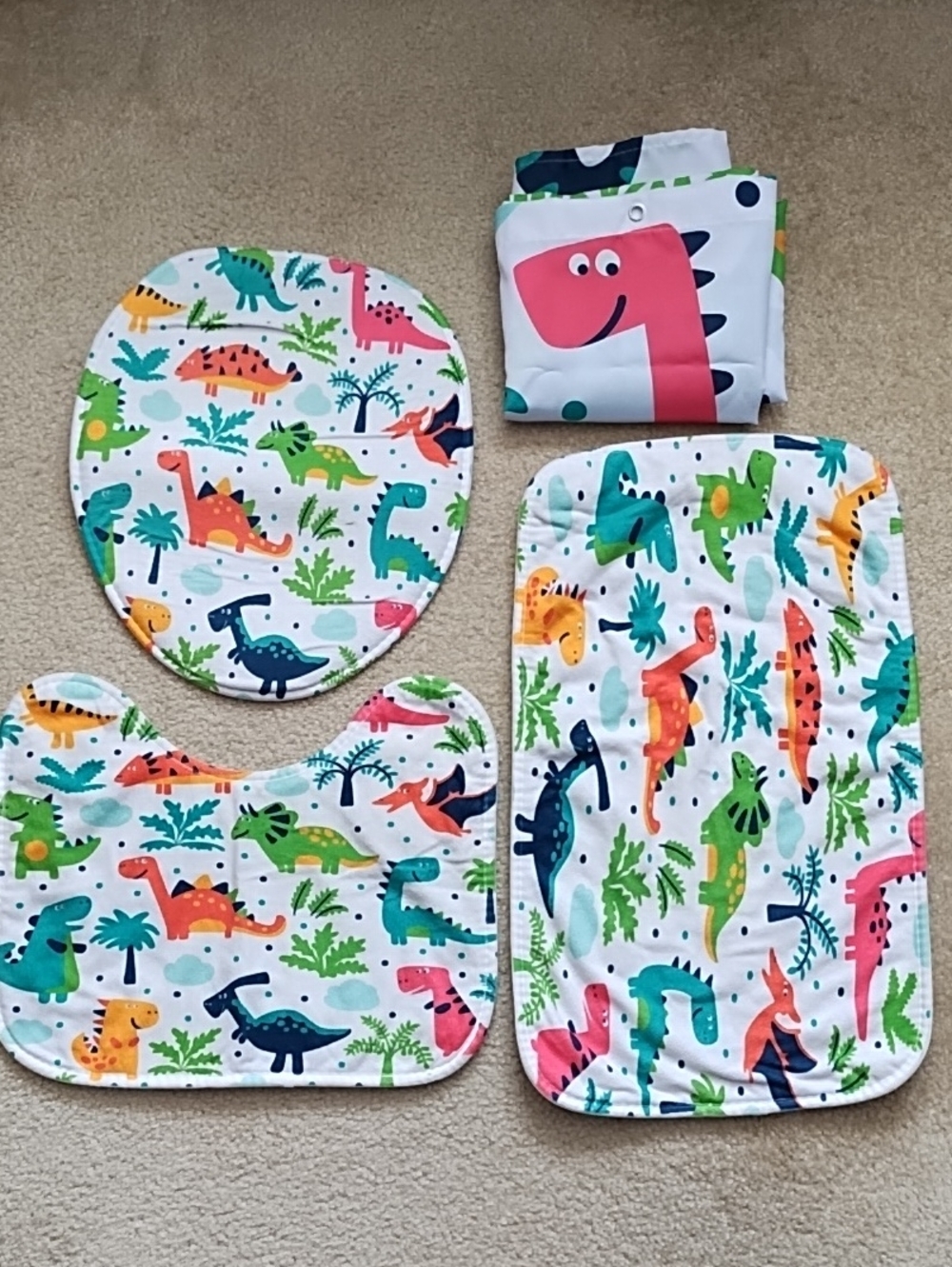 4 Piece Kids Bathroom Decor Dinosaur Shower Curtain Bath Mat Toilet Cover Mat